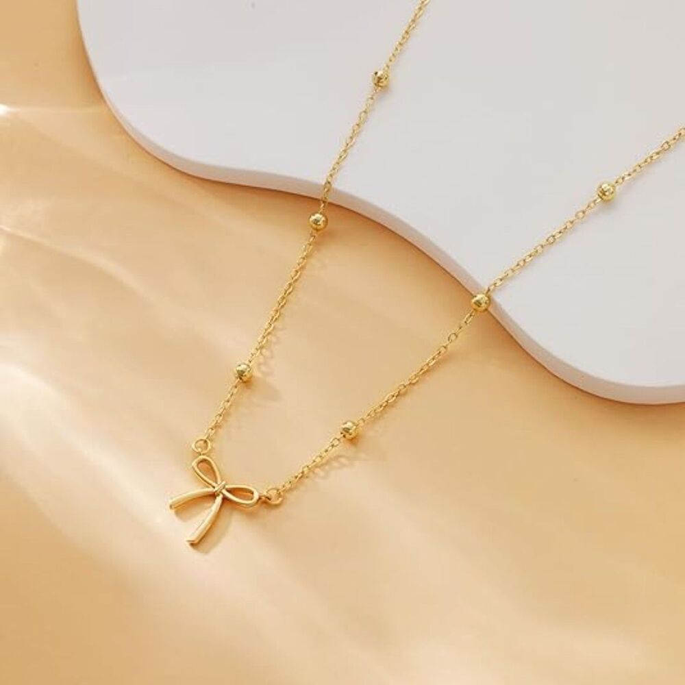 14K Gold Plated Cute Gold-Bead-1 Choker Small Bow Pendant Charm Necklaces - Picture 3 of 6